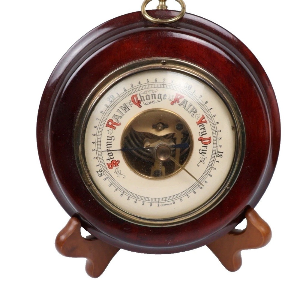 Early Old Wooden Barometer 6" Porcelain Face Weather Station W. Germany Vintage
